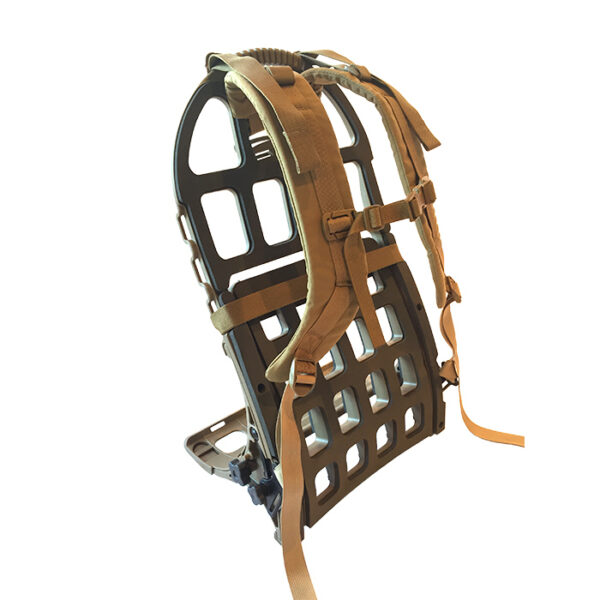 Tan exoskeleton frame and straps with white background