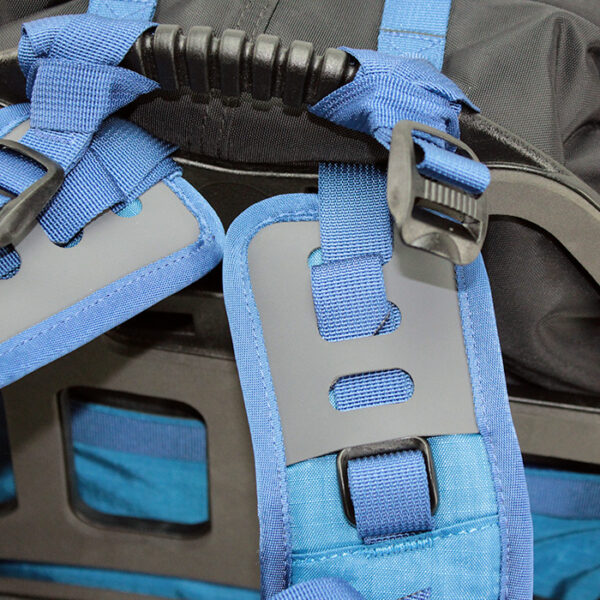 Close up of blue backpack with white background