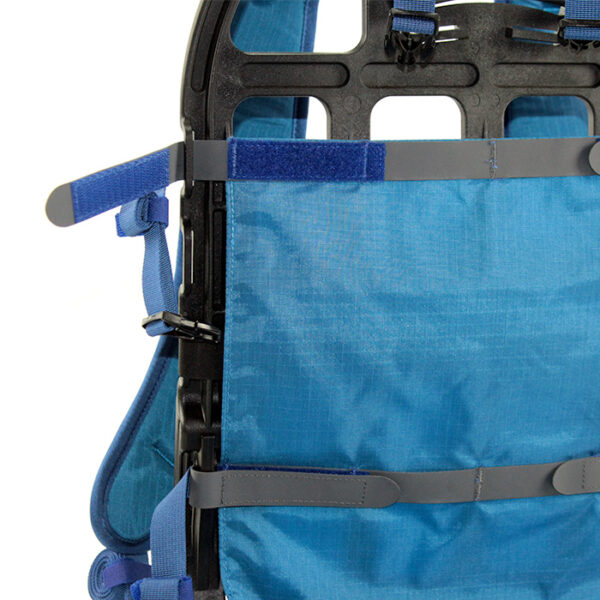 close up of blue backpack with white background