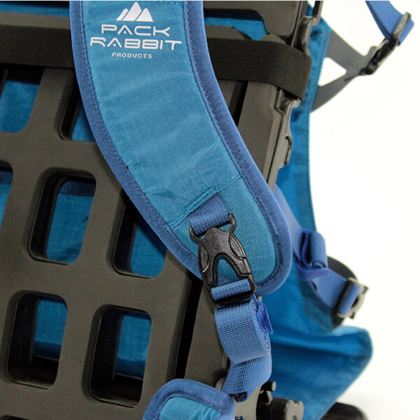 close up of blue backpack with white background