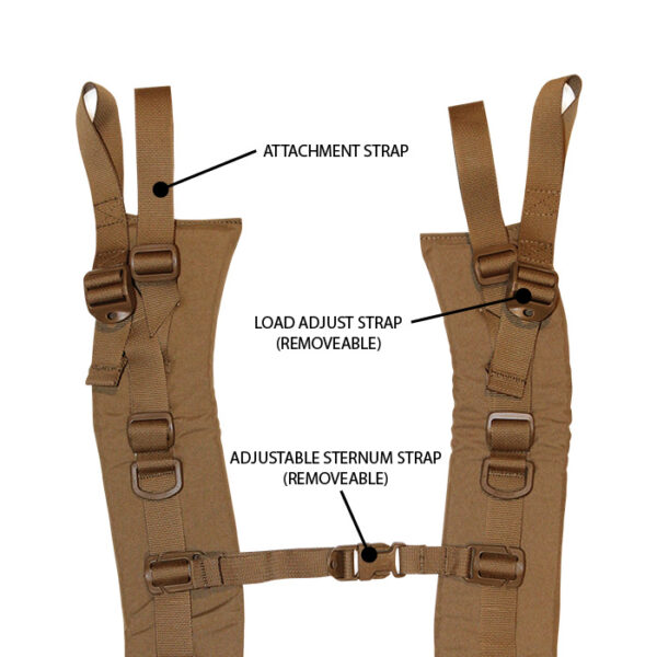 Closeup of tan shoulder straps with white background