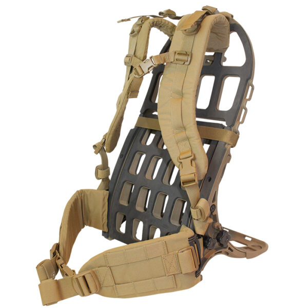 Tan exoskeleton frame and straps with white background